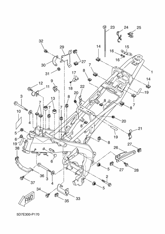 Yamaha 5D7-F588G-00 Holder, Brake Hose 6 — shown on the Frame parts diagram