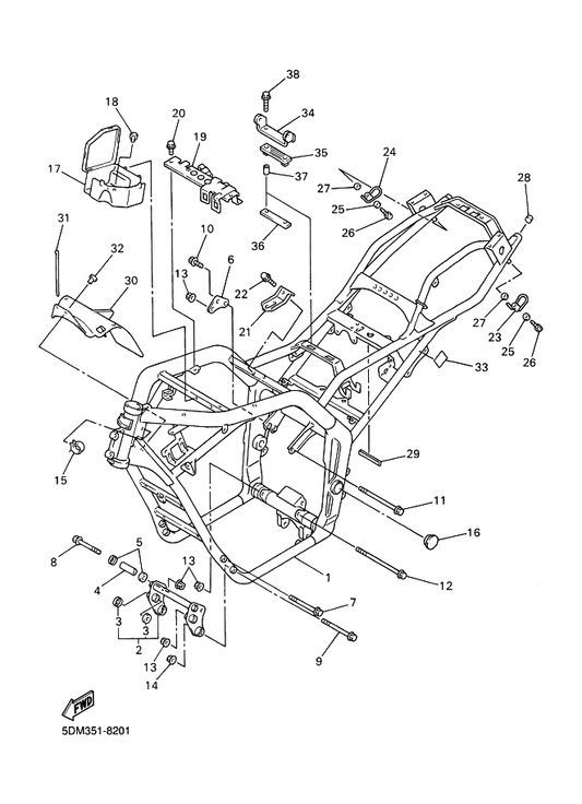 Yamaha 5DM-21147-00 Bracket, Air Cleaner 1 — shown on the Frame parts diagram
