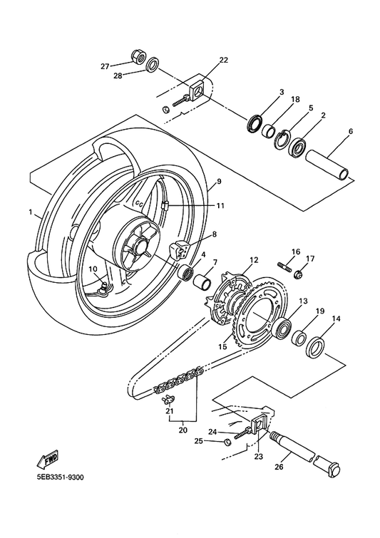 Yamaha 5EB-25448-20 Sprocket, Driven (48T) — shown on the Rear Wheel parts diagram