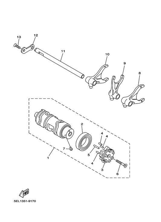 Yamaha 5EL-18511-00 Fork, Shift 1 — shown on the Shift Cam & Fork parts diagram