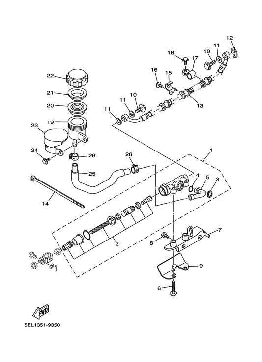 Yamaha 5EL-25844-00 Washer, Lock — shown on the Rear Master Cylinder parts diagram