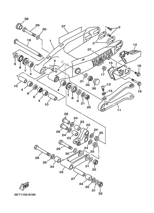 Yamaha 5ET-22156-00 Washer, Plate — shown on the Rear Arm parts diagram
