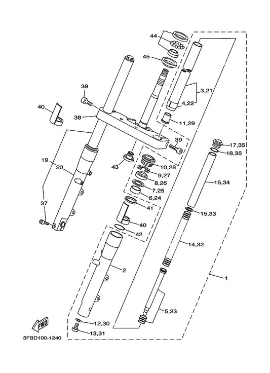 Yamaha 5KP-23136-10 . Tube, Outer (Right) — shown on the Front Fork parts diagram