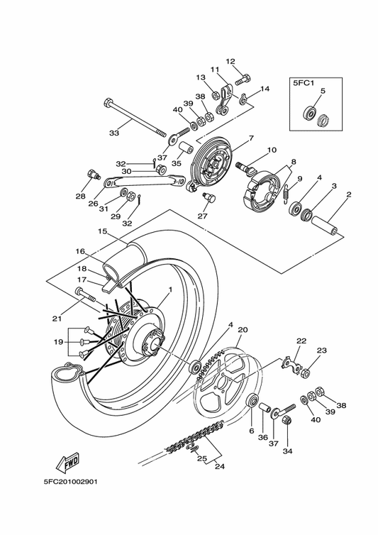 Yamaha 5FC-25449-20 Sprocket, Driven (49T) — shown on the リヤホイール parts diagram