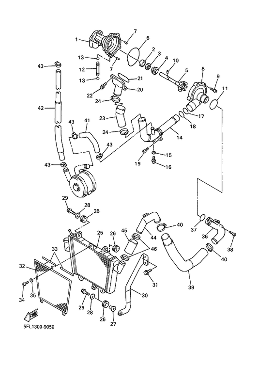 Yamaha 5FL-12588-00 Hose 5 — shown on the Water Pump & Radiator parts diagram