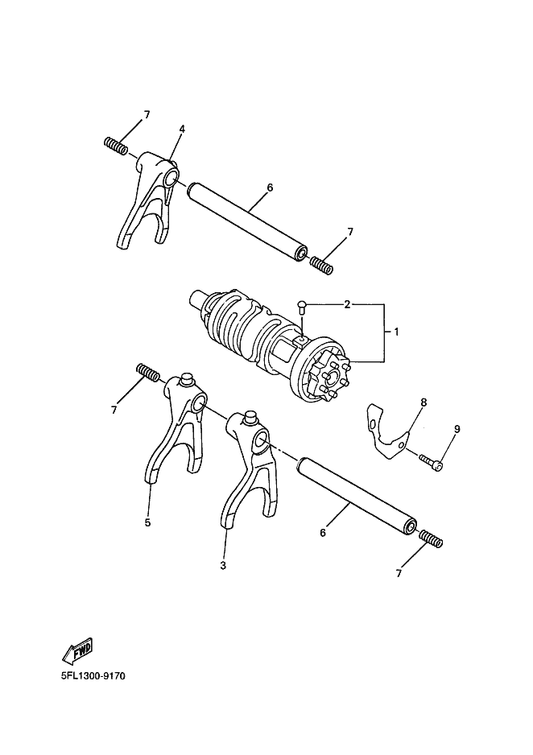 Yamaha 5EB-18511-00 Fork, Shift 1 — shown on the Shift Cam & Fork parts diagram
