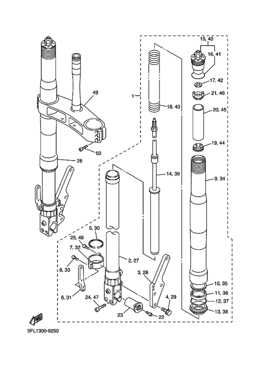 Yamaha 4TX-23115-00 . . Guide, Cover Upper — shown on the Front Fork parts diagram
