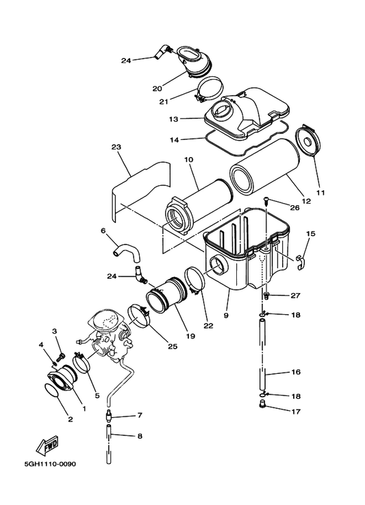 Yamaha 5GH-13586-00 Joint, Carburetor 1 — shown on the Intake parts diagram