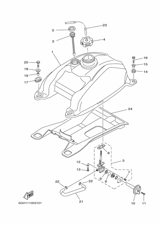Yamaha 5GH-24311-00 Pipe, Fuel 1 — shown on the Fuel Tank parts diagram