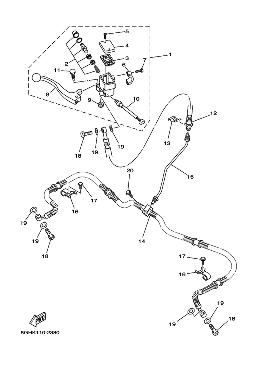 Yamaha 5GH-25873-00 Hose, Brake 2 — shown on the Front Master Cylinder parts diagram