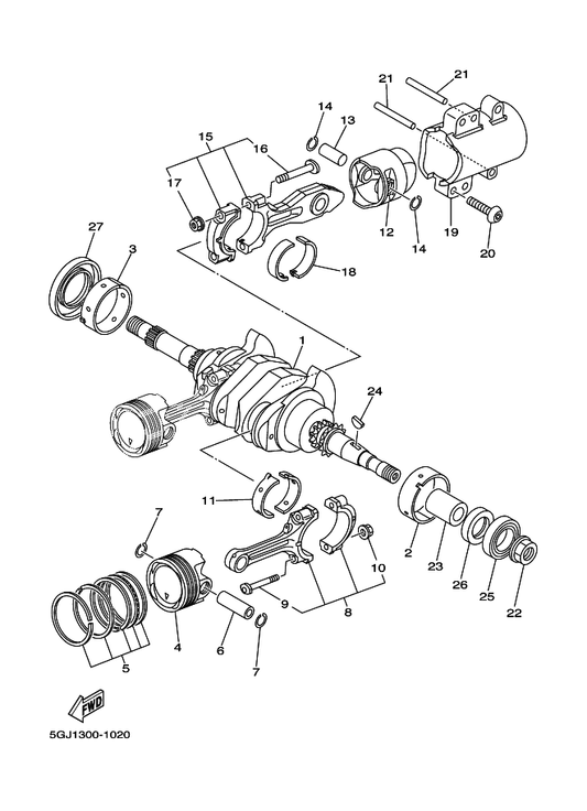 Yamaha 5EB-11633-00 Pin, Piston — shown on the Crankshaft. Piston parts diagram
