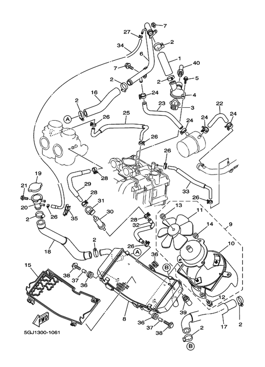 Yamaha 5GJ-12467-00 Cover, Radiator — shown on the Radiator. Hose parts diagram