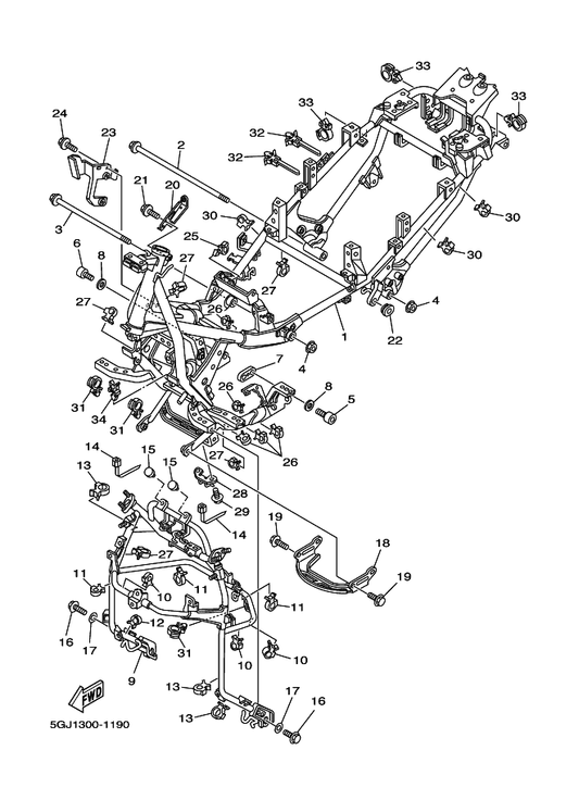 Yamaha 5GJ-28356-00 Stay 1 — shown on the Frame parts diagram