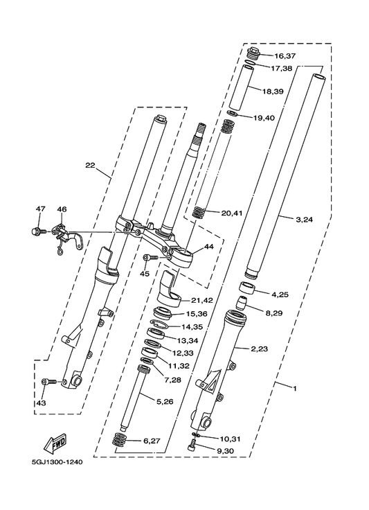 Yamaha 5GJ-23144-00 . Seal, Dust — shown on the Front Fork parts diagram