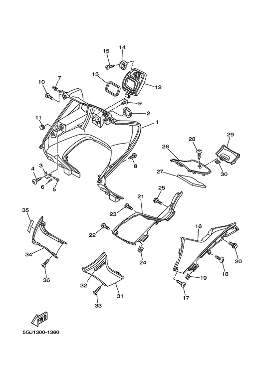 Yamaha 5GJ-28307-00 Seal — shown on the Leg Shield parts diagram