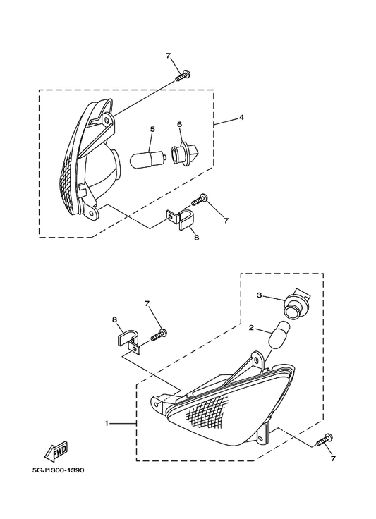 Yamaha 5GJ-83310-00 Front Flasher Light Assy 1 — shown on the Flasher Light parts diagram