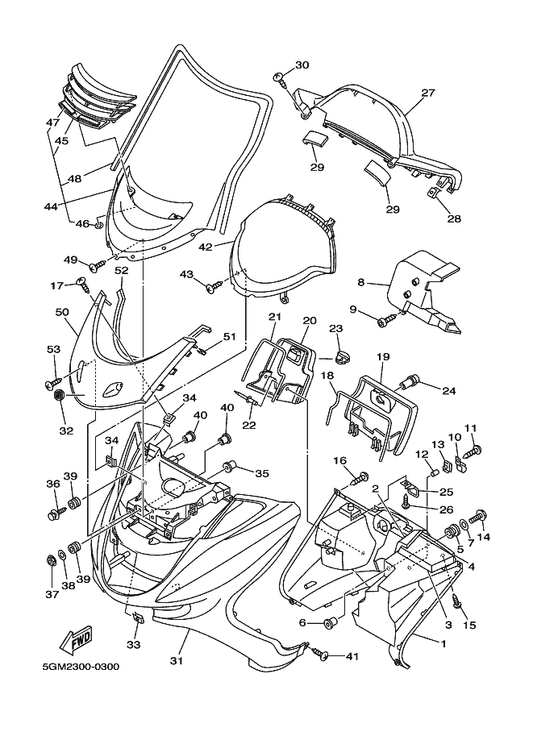 Yamaha 4BH-21708-11 Lock Assy 2 — shown on the Leg Shield parts diagram
