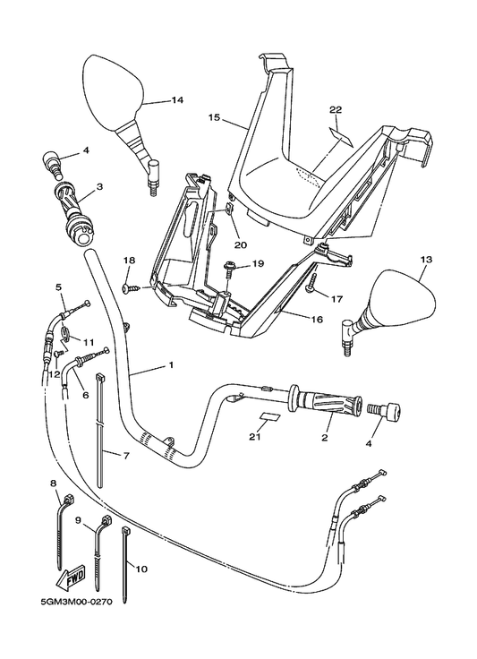 Yamaha 5GM-26312-00 Cable, Throttle 2 — shown on the Steering Handle & Cable parts diagram