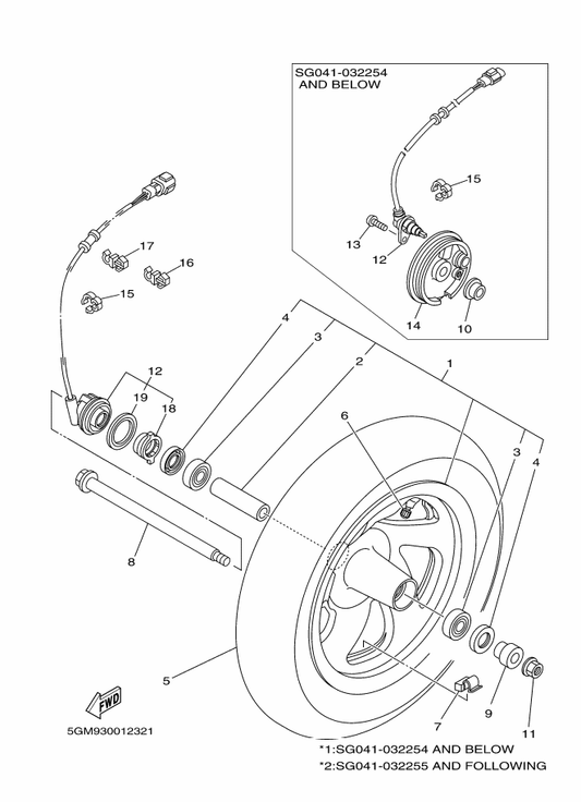 Yamaha 5GM-85970-00 Wheel Sensor Assy, Front — shown on the Front Wheel parts diagram