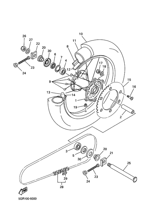 Yamaha 5ET-25381-00 Axle, Wheel — shown on the Rear Wheel parts diagram