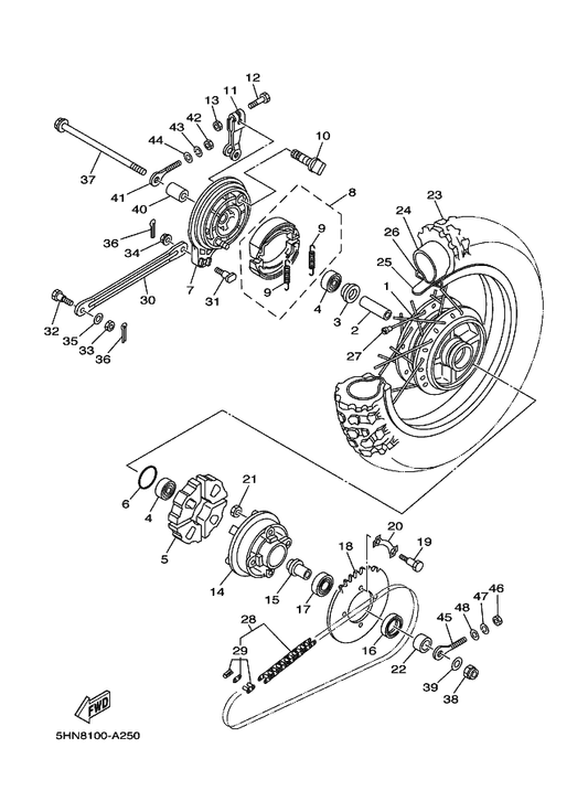 Yamaha 93306-00438 Bearing — shown on the Rear Wheel parts diagram