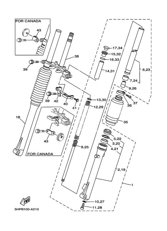 Yamaha 2K5-23173-00 . Spindle, Taper — shown on the Front Fork parts diagram