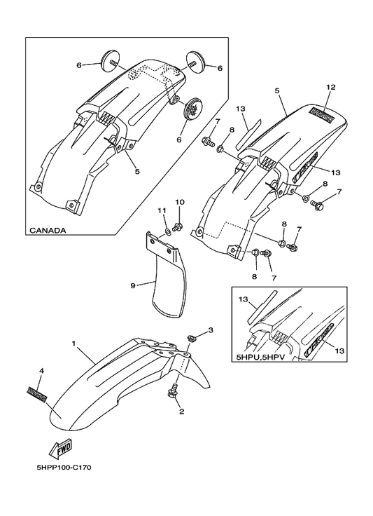 Yamaha 4ES-21611-10 Fender, Rear — shown on the Fender parts diagram