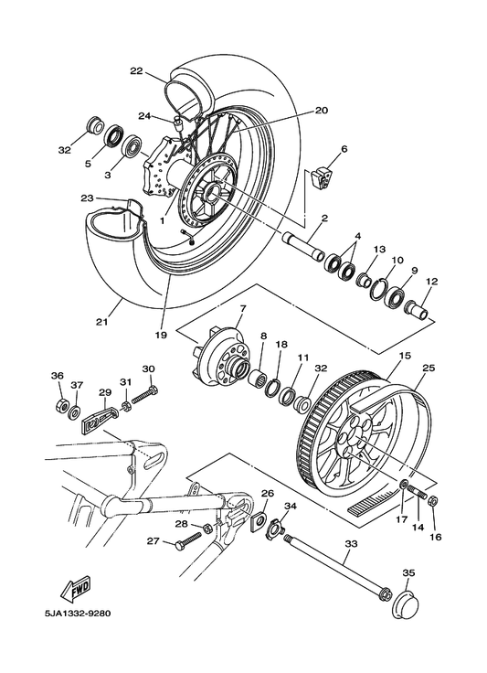 Yamaha 521-25188-00 Cap — shown on the Rear Wheel parts diagram