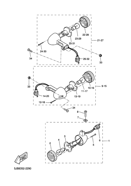 Yamaha 5EU-H3330-00 Rear Flasher Light Assy 1 — shown on the Flasher Light parts diagram