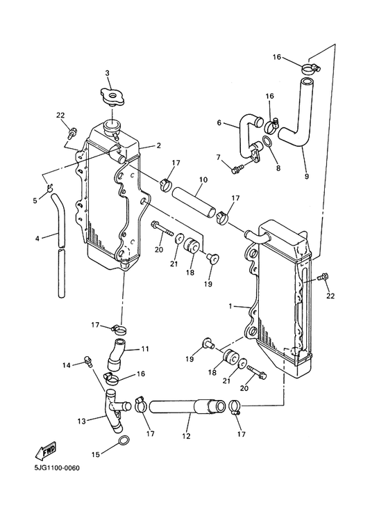 Yamaha 5BE-12576-00 Hose 1 — shown on the Radiator & Hose parts diagram