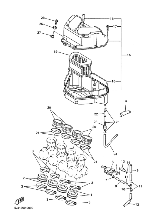 Yamaha 4XV-13597-00 Joint, Carburetor 3 — shown on the Intake parts diagram