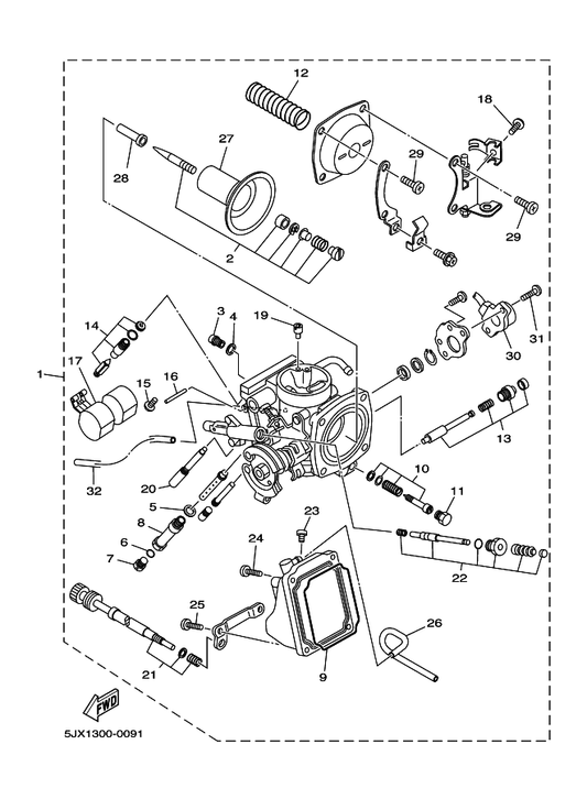 Yamaha 5JX-1414M-30 . Nozzle, Main — shown on the Carburetor parts diagram