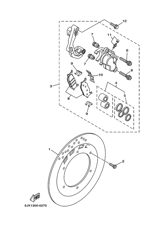 Yamaha 5JX-2580U-00 Caliper Assy (Right) — shown on the Front Brake Caliper parts diagram
