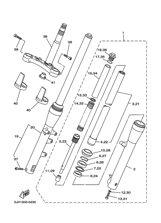 Yamaha 5JX-2331G-00 Cover — shown on the Front Fork parts diagram