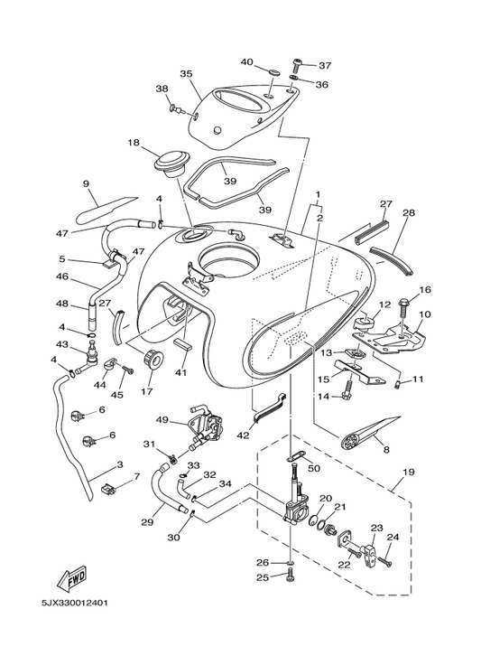Yamaha 5JX-24313-01 Pipe 3 — shown on the Fuel Tank parts diagram