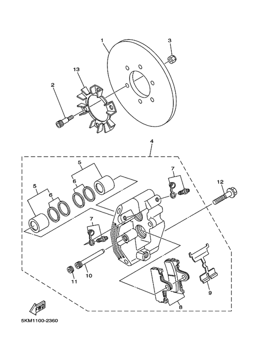 Yamaha 5KM-2582V-00 Disc, Rear Brake 1 — shown on the Rear Brake Caliper parts diagram