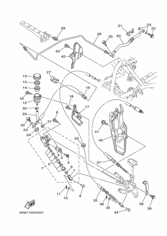 Yamaha 5KM-2581J-00 Hose, Brake 4 — shown on the Rear Master Cylinder parts diagram