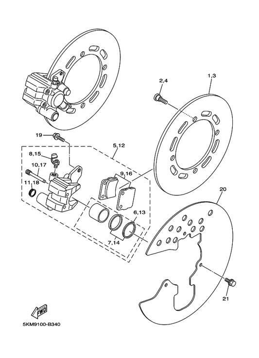 Yamaha 5KM-2582T-10 Disc, Brake (Left) — shown on the Front Brake Caliper parts diagram