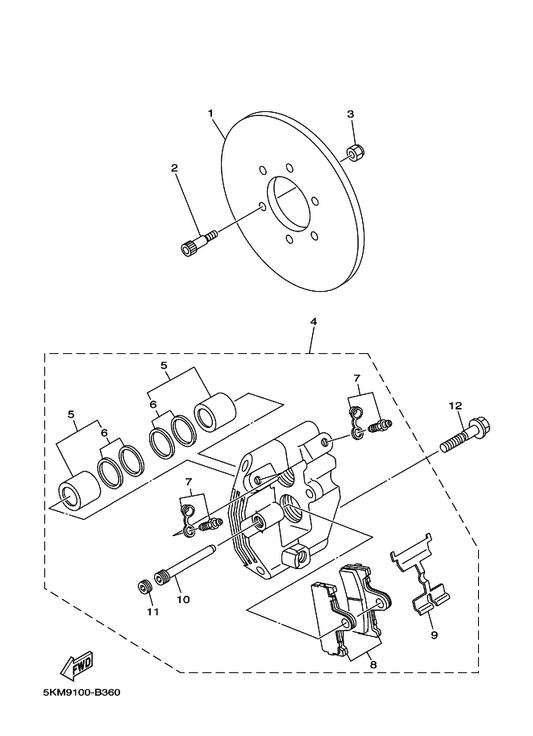 Yamaha 5KM-2580V-01 Caliper Assy, Rear 1 — shown on the Rear Brake Caliper parts diagram