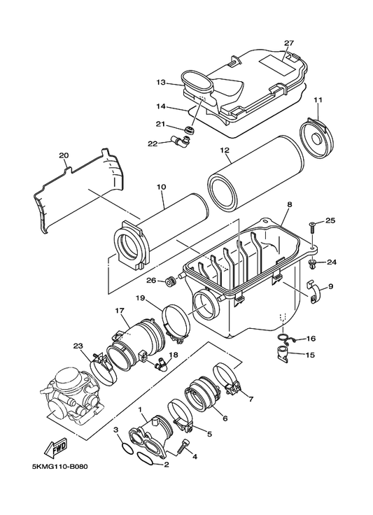 Yamaha 5KM-14411-10 Case, Air Cleaner 1 — shown on the Intake parts diagram