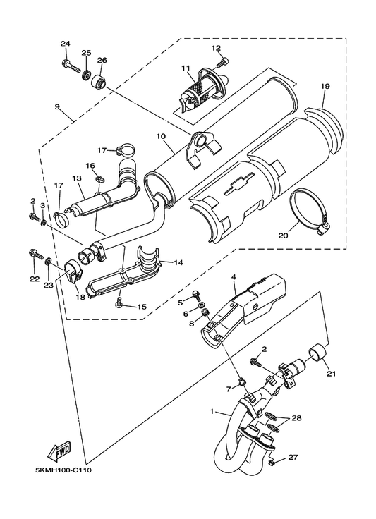 Yamaha 5KM-14721-00 . Muffler 1 — shown on the Exhaust parts diagram