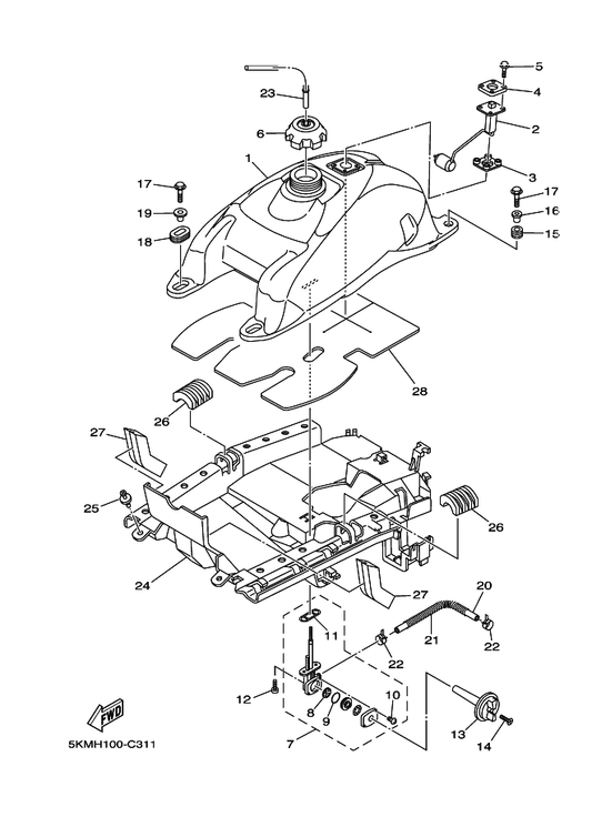 Yamaha 5KM-85752-00 Sender Unit Assy, Fuel Meter — shown on the Fuel Tank parts diagram