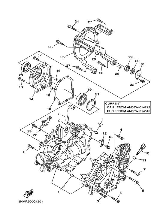 Yamaha 5KM-15163-00 Housing, Bearing 1 — shown on the Crankcase parts diagram