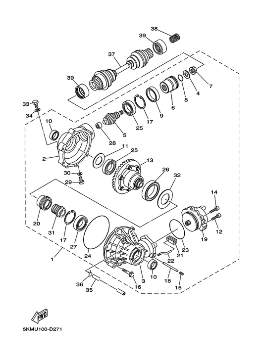 Yamaha 5KM-46173-10 Shaft, Drive 2 — shown on the Front Differential parts diagram