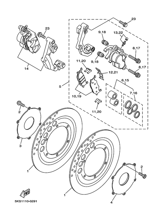 Yamaha 5EL-2515A-00 Ring, Wheel 2 (Left) — shown on the Front Brake Caliper parts diagram