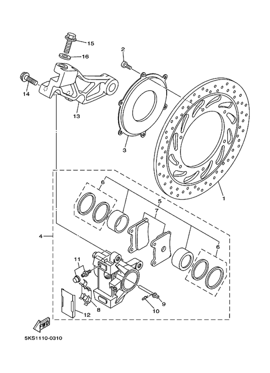 Yamaha 5KS-2515A-10 Ring, Wheel 2 (Right) — shown on the Rear Brake Caliper parts diagram