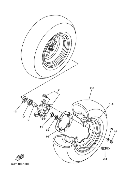 Yamaha 5LP-25111-00 Hub, Front — shown on the Front Wheel parts diagram