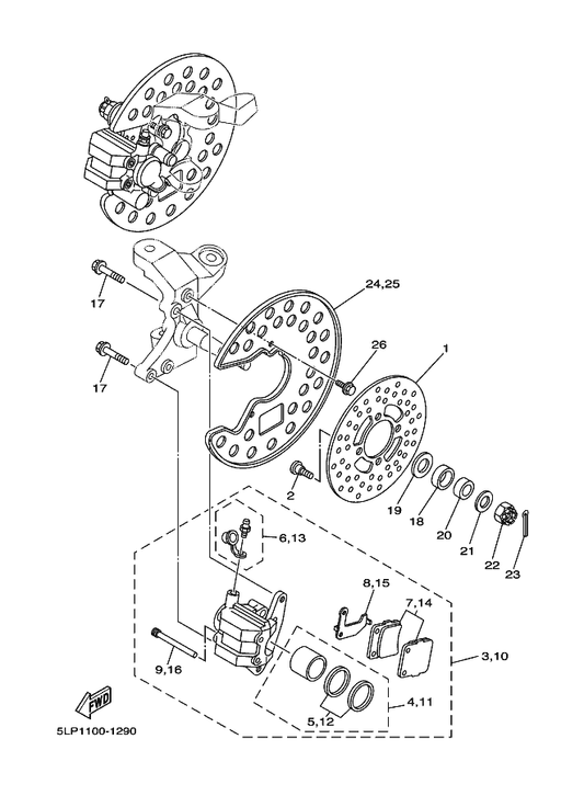 Yamaha 5LP-2580T-00 Caliper Assy (Left) — shown on the Front Brake Caliper parts diagram