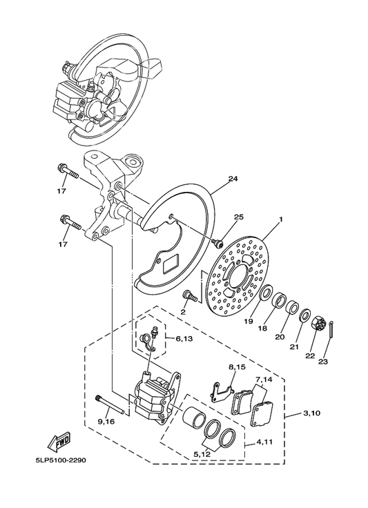 Yamaha 5LP-2514A-10 Ring, Wheel 1 — shown on the Front Brake Caliper parts diagram