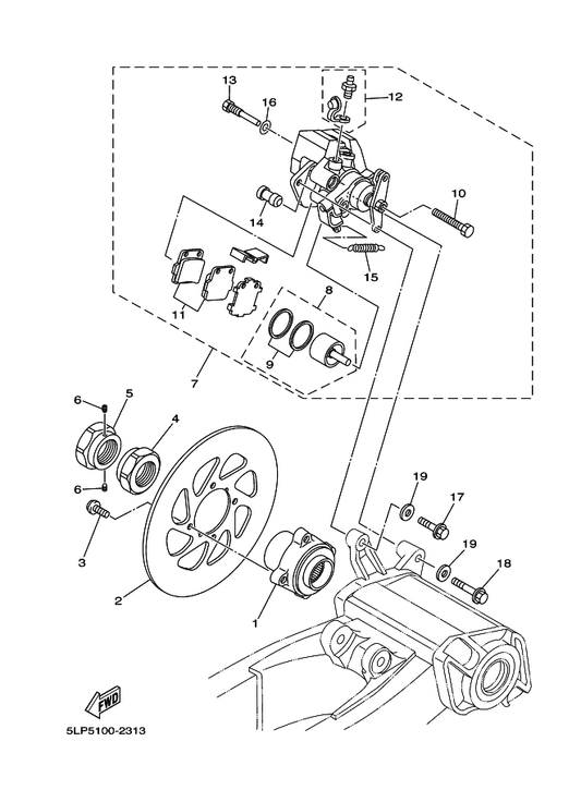 Yamaha 5LP-2580W-10 Caliper Assy, Rear 2 — shown on the Rear Brake Caliper parts diagram